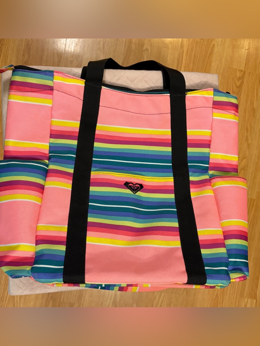 Roxy large Pink Stripe canvas Tote with Black Handles